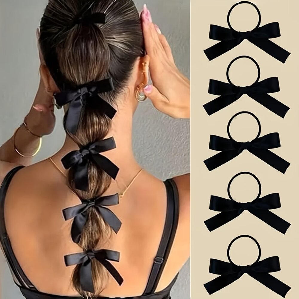 Black Bow Hair Tie Set (9 Pc) | Classic Ribbon Ponytail Accessories